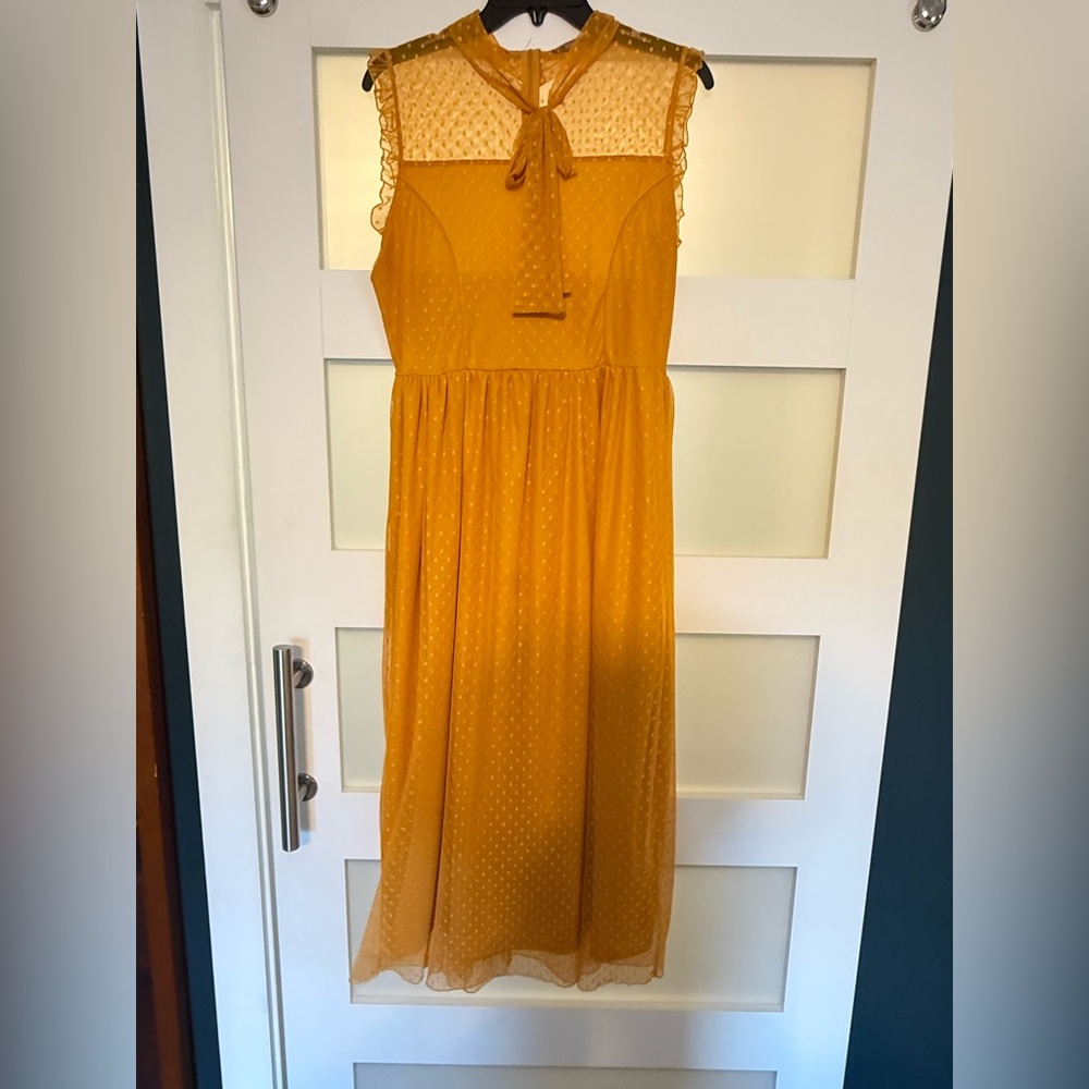 Women's Mustard Midi Swiss Dot Dress with Tie Neck